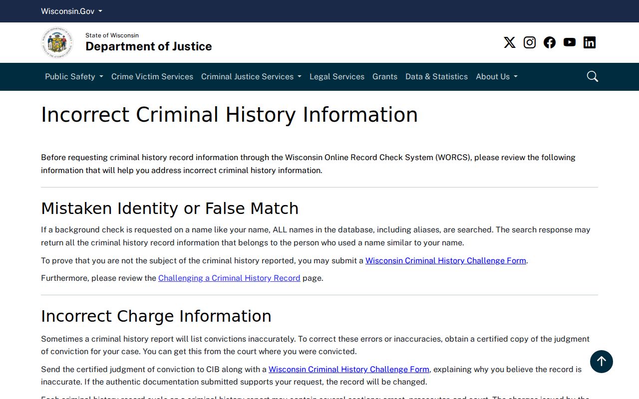 Marquette County arrest record correction and Wisconsin DOJ removal guidance
