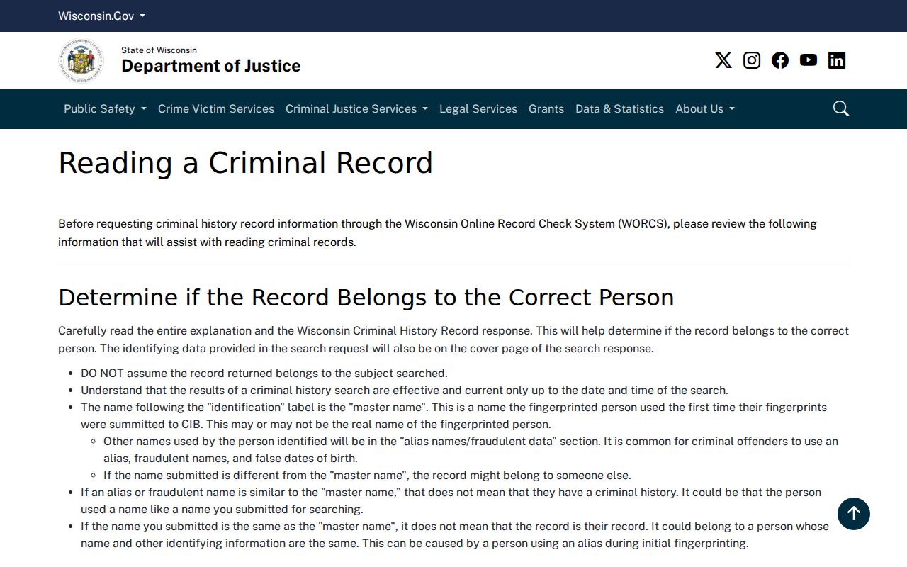 Marquette County arrest history readers using Wisconsin DOJ interpretation guidance