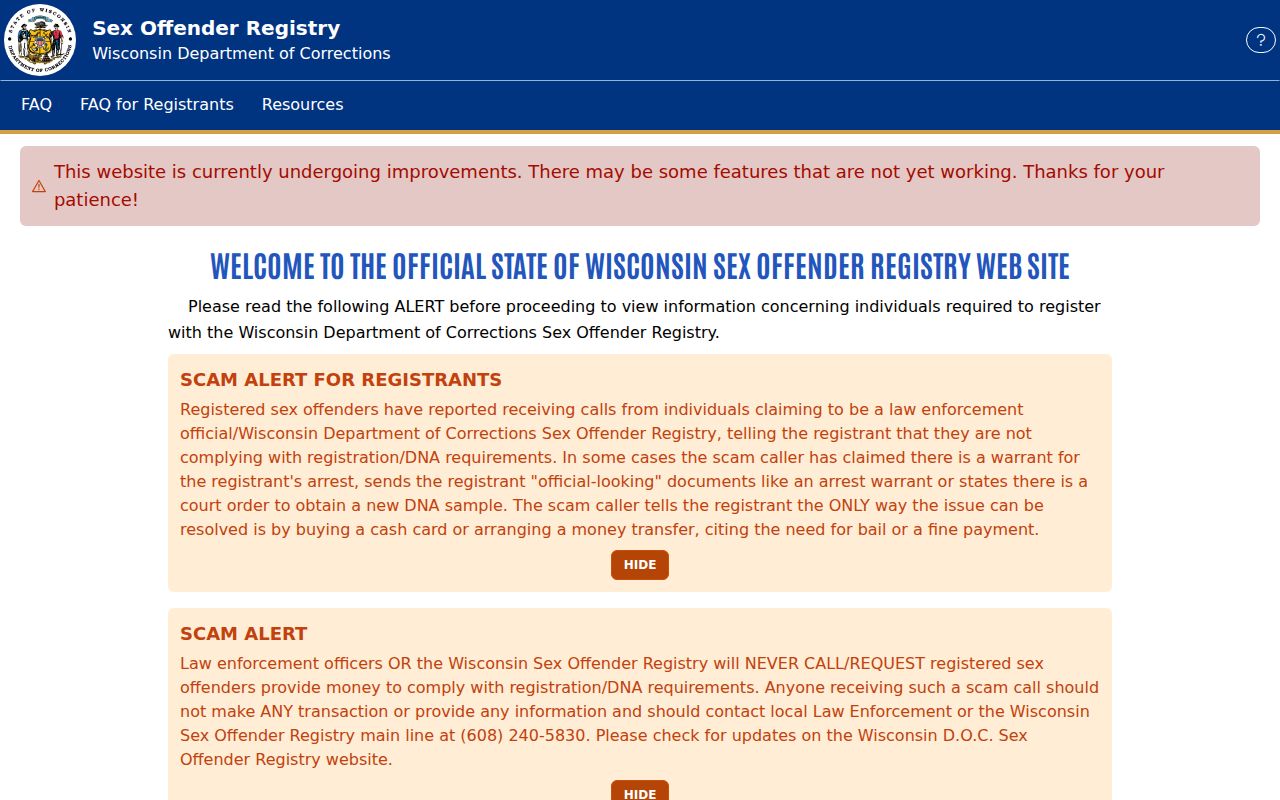Wisconsin registry interface for a Marquette County sex offender check